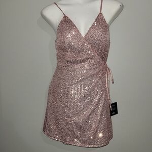 NWT LuLus Holiday Glitter Light Pink Sequin Wrap Mini Dress - Juniors Small 3